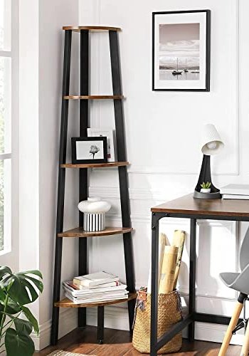 VASAGLE hjrne bokhylle, m. 5 hyller - brun sponplate og sort stl