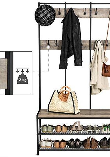 VASAGLE inngangsarrangement, m. 12 kroker, 3 hyller - greige sponplater og sort stl