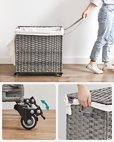 SONGMICS skittentyskurv, m. 3 rom, avtagbart fr, hndtak, lokk, hjul - bomull og gr polypropylen