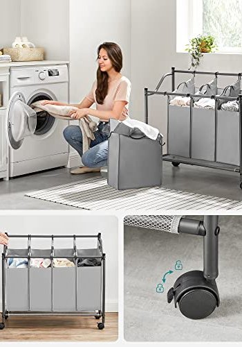 SONGMICS rullende vasketjskurv med 4 aftagelige poser og hjul - gr polyester stof og gr jern