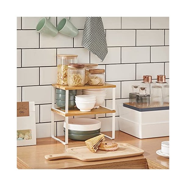 Krydderihylde, stabelbar - natur bambus og hvid metal (st med 2)