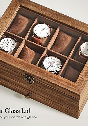 SONGMICS smykkeskrin, 2 lag, 8 spor for klokker med klokkeputer, glasslokk, flyelsfôr - valnttfarget tre