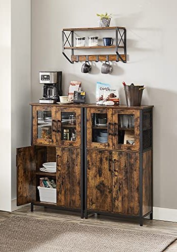 VASAGLE Schrank, m. 2 Glastüren, 2 Holztüren, Einlegeböden, Gitterdesign – rustikale braune Spanplatte und schwarzer Stahl