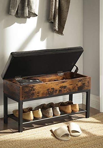 VASAGLE benk, med pute, 1 rom, 1 nettinghylle - svart kunstskinn, brun sponplate og svart stl (70x30)