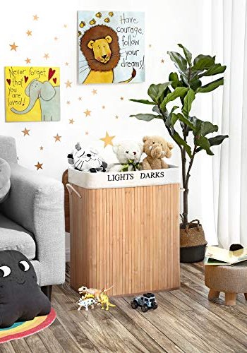 SONGMICS skittentyskurv, sammenleggbar, m. 1 lokk, 2 rom, avtagbar vaskepose - bomull og naturlig bambus