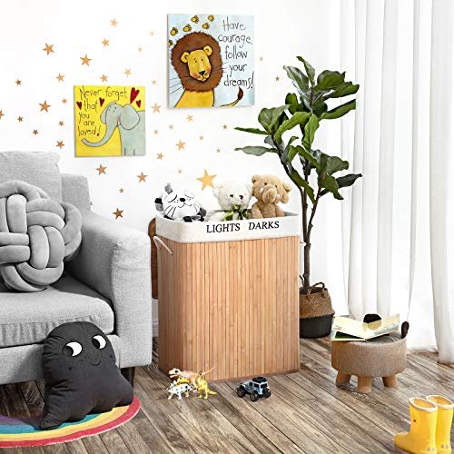 SONGMICS skittentyskurv, sammenleggbar, m. 1 lokk, 2 rom, avtagbar vaskepose - bomull og naturlig bambus