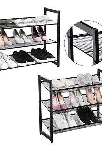 SONGMICS 3-lags skostativ oppbevaring, stlnetting, flatt eller vinklet stablebart skostativ for 9 til 12 par sko, svart LMR03B