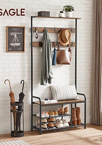 VASAGLE inngangsarrangement, m. 9 avtakbare kroker, 1 sete, 3 hyller - brun sponplate og sort stl