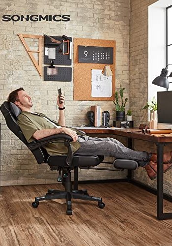 SONGMICS gaming stol, med armlener, fotsttte, hodesttte og korsryggpute - svart og gr PU og stl