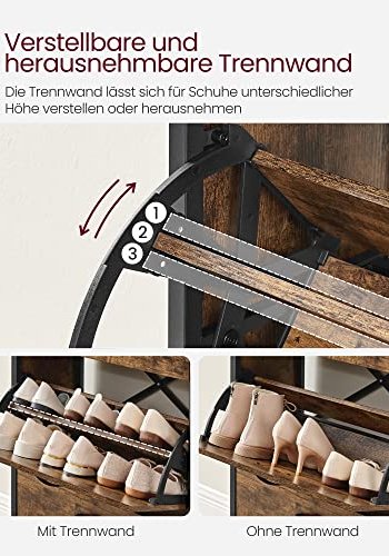 VASAGLE Schuhschrank, mit 3 Flügeltüren und 1 Fach – braune Spanplatte und schwarzer Stahl