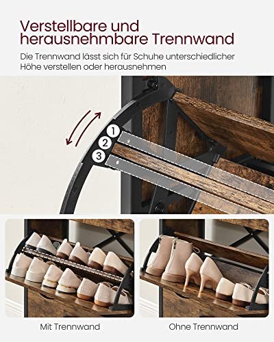 VASAGLE Schuhschrank, mit 3 Flügeltüren und 1 Fach – braune Spanplatte und schwarzer Stahl