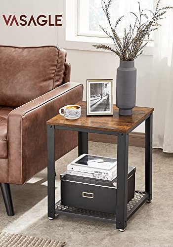 VASAGLE sidebord, m. 1 hylle, firkantet - rustikk brun sponplate og sort stl (45x45)