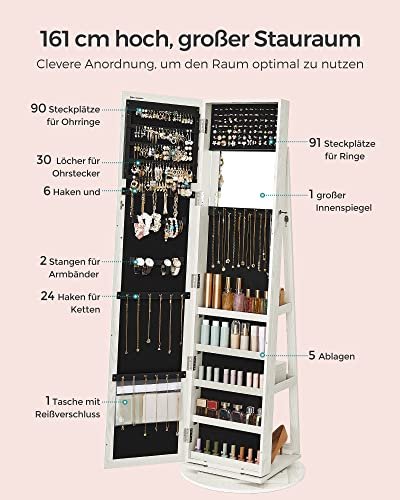 SONGMICS smykkeskap, 360° roterbart, m. speil, hyller, 3-i-1 lsbar - hvit med graktig trekorn MDF