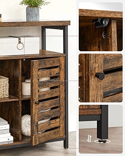 VASAGLE Schrank, mit 2 Lamellentüren, 1 offenem Fach und 2 Einlegeböden – rustikale braune Spanplatte und schwarzer Stahl