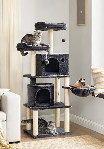 FEANDREA skrapestolpe, 5 niver, 2 plattformer, 2 huler, 2 pom-poms, 1 kurv - rykgr plysj