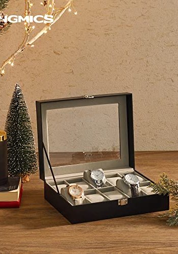 SONGMICS klokkeboks, m. 10 seter, glasslokk, avtakbare klokkeputer, metallls - gr flyel og sort kunstskinn