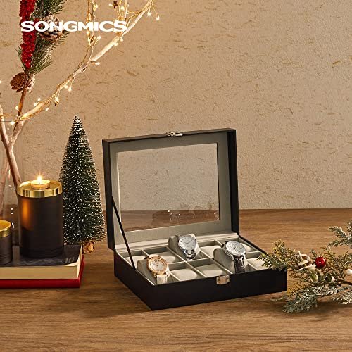 SONGMICS klokkeboks, m. 10 seter, glasslokk, avtakbare klokkeputer, metallls - gr flyel og sort kunstskinn