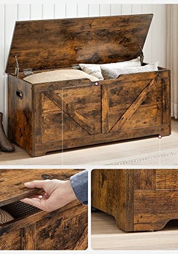 VASAGLE benk, med oppbevaringsplass og 2 sikkerhetshengsler - rustikk brun sponplate (100x40) 