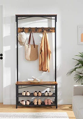 VASAGLE inngangsarrangement, m. 5 doble kroker, 4 hyller - brun sponplate og sort stl