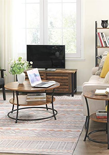 VASAGLE salongbord, m. 1 hylle, rund - rustikk brun sponplate og svart jern (80)