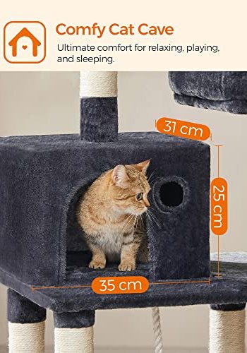 FEANDREA skrapestolpe, 5 niver, 2 plattformer, 1 hule, 2 Pom Poms, 1 hengekye - rykgr plysj