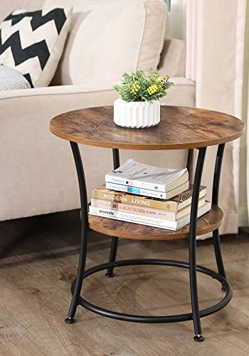 VASAGLE Beistelltisch, mit 1 Ablage, rund – rustikale braune Spanplatte und schwarzer Stahl (55)