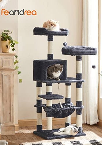 FEANDREA skrapestolpe, 5 niver, 2 plattformer, 1 hule, 2 Pom Poms, 1 hengekye - rykgr plysj