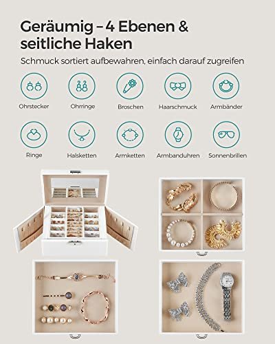 SONGMICS smykkeskrin, 4 lag, lsbar smykkeboks med skuffer, flyelsfôr ? hvit 