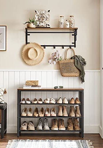VASAGLE Schuhregal, mit 3 Gitterböden – braune Spanplatte und schwarzer Stahl