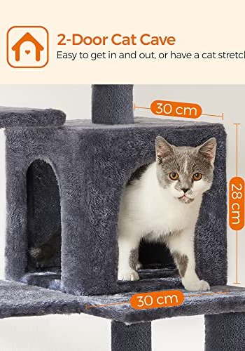 FEANDREA skrapetre, m. 5 niver, topplater, hi og hengekye - rykgr plysj, sisal og sponplater