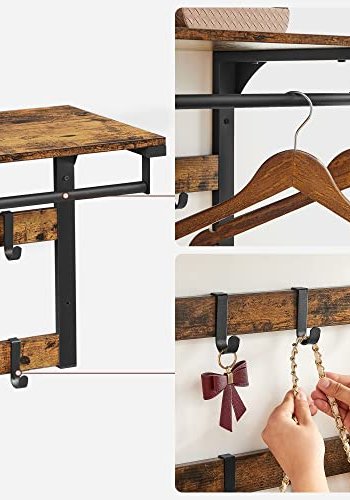 VASAGLE hattehylle, m. 10 kroker og 1 hengerstang - brun sponplate og sort stl