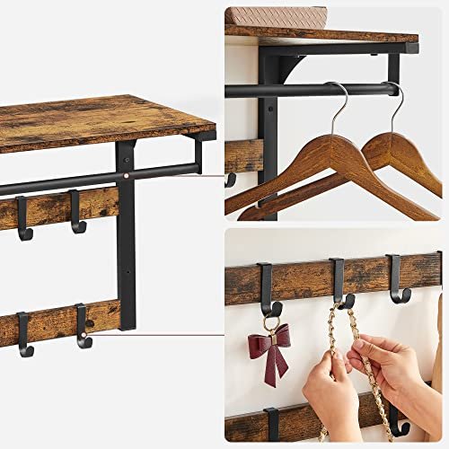 VASAGLE hattehylle, m. 10 kroker og 1 hengerstang - brun sponplate og sort stl