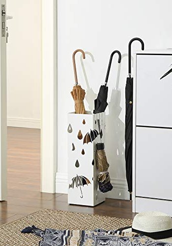 SONGMICS paraplyholder, firkantet, m. 4 kroker og dryppbrett - hvitt metall