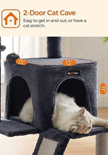 FEANDREA skrapestolpe, 3 niver, 1 plattform, 1 hule, 1 pom pom, 1 kurv - rykgr plysj