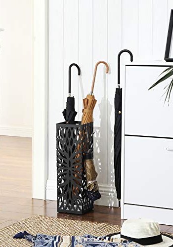 SONGMICS paraplyholder, firkantet, m. 4 kroker og avtagbart dryppbrett - svart metall