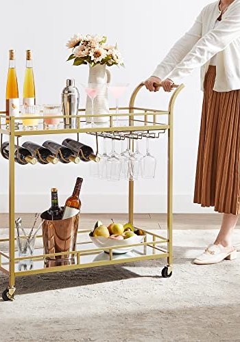 VASAGLE rullebord, m. 1 hylle, holder for glass og flasker - speilglass og gullstl (80x38)