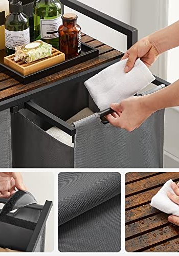 VASAGLE Wäschekorb, m. 2 Fächern – braunes MDF und grauer Stoff/Stahl