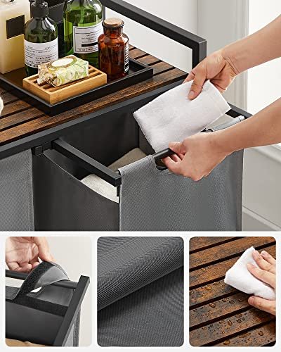 VASAGLE Wäschekorb, m. 2 Fächern – braunes MDF und grauer Stoff/Stahl