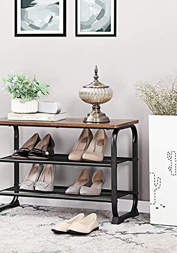 VASAGLE inngangsbenk, m. 2 mesh hyller for sko - rustikk brun sponplate og svart stl (66x30)