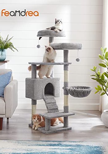 FEANDREA skrapestolpe, 6 niver, 2 plattformer, 1 kurv, 1 hule, 2 pom poms - lys gr plysj