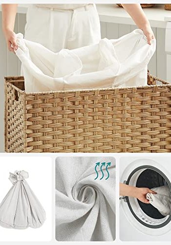 SONGMICS Vasketjskurv, m. 3 rum, aftagelig foring, hndtag, lg - hvid bomuld og natur polypropylen