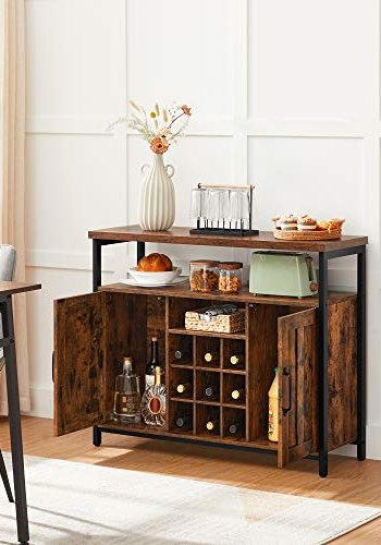 VASAGLE skjenk, m. 1 pent rom, 2 drer, 9 rom for vin - rustikk brun sponplate og svart stl