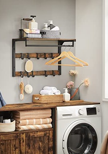 VASAGLE hattehylle, m. 10 kroker og 1 hengerstang - brun sponplate og sort stl