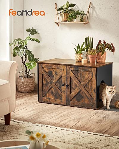 FEANDREA skap for sppelkasse, m. 2 drer og 2 rom - rustikk brun og sort sponplate