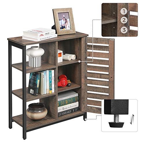 VASAGLE Schrank, mit 1 Lamellentür und 4 Einlegeböden – rustikale braune Spanplatte und schwarzer Stahl