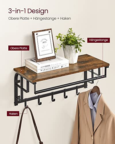VASAGLE Hutablage, mit 5 Haken und 1 Kleiderstange – braune Spanplatte und schwarzer Stahl