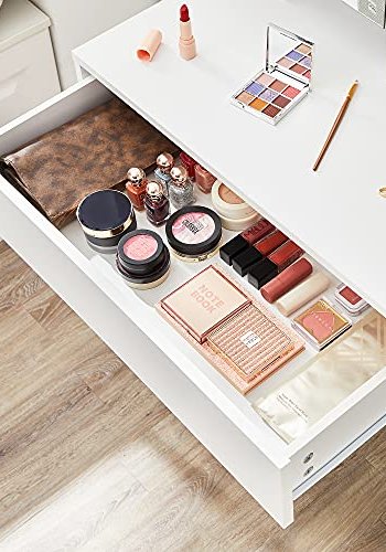 VASAGLE Schminktisch, mit Spiegel, 1 Schublade und 2 Ablagen – Spiegelglas und weiße Spanplatte (70x40)