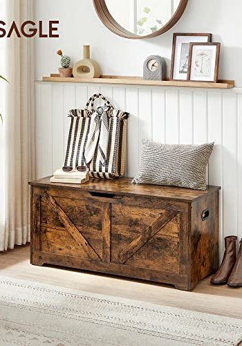 VASAGLE benk, med oppbevaringsplass og 2 sikkerhetshengsler - rustikk brun sponplate (100x40) 