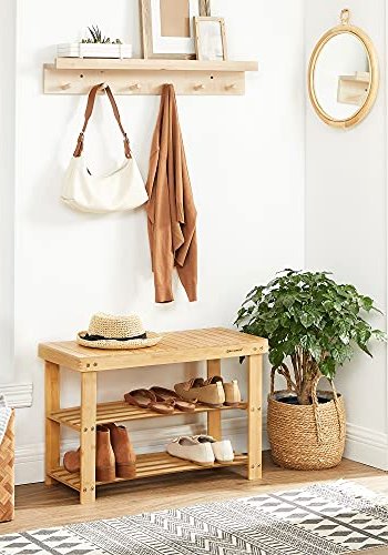 SONGMICS benk, m. 2 hyller - naturlig bambus (70x28)