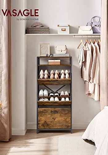 VASAGLE Schuhschrank, mit 3 Flügeltüren und 1 Fach – braune Spanplatte und schwarzer Stahl